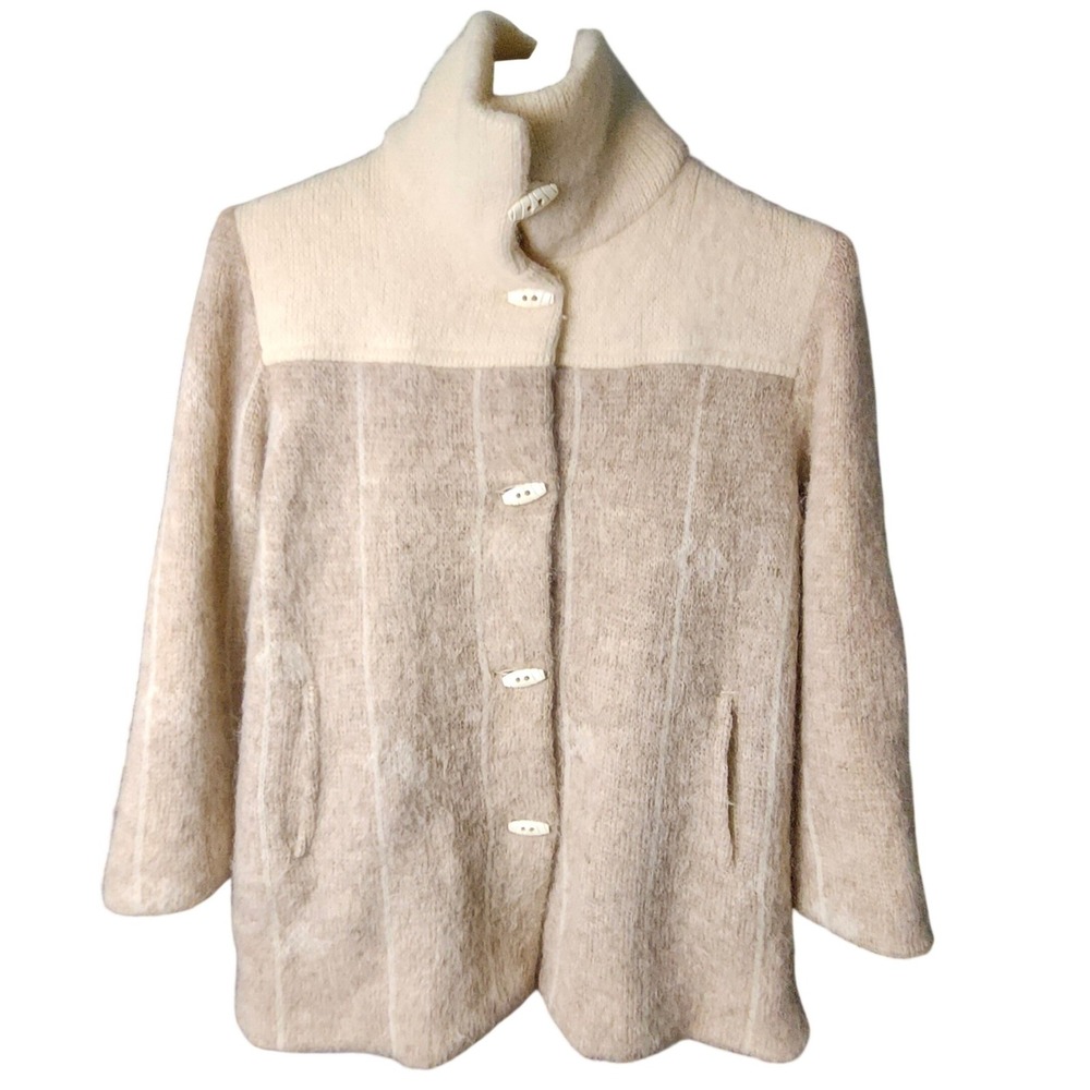 Eider‎ Knit Pure Icelandic Wool Coat Women M Tan Cream Toggle Button Jacket VTG